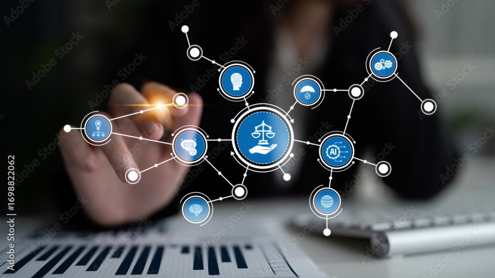 Poster a professional setting showcases the interaction between law and technology, featuring digital icons