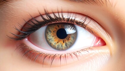 Close-up of a hazel eye with long eyelashes, focused on the detailed iris