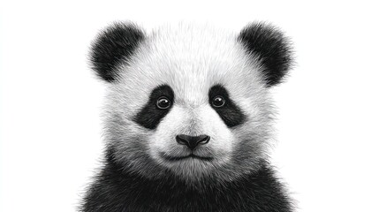 Fototapeta premium A close-up, monochrome illustration of a young panda bear's face, set against a stark white background, showcasing detailed fur texture and expressive eyes