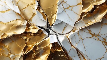 Cracked White and Gold Marble Texture with Abstract Metallic Veins