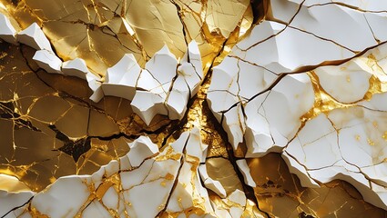 Cracked White and Gold Marble Texture with Abstract Metallic Veins