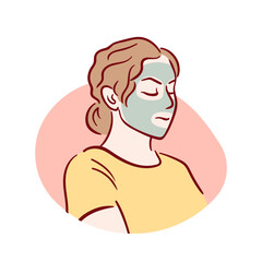 A girl applying a green facial mask, sketched vector illustration with soft lines, refreshing skincare routine, simple color palette, minimalist stylish portrait, calm self-care moment.