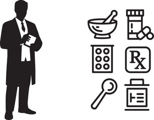 Pharmacist Silhouette with Medical Icons Pharmacy Professional Healthcare Treatment Remedy