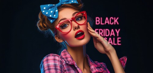 Obraz premium Excited woman with neon sign for Black Friday promotion