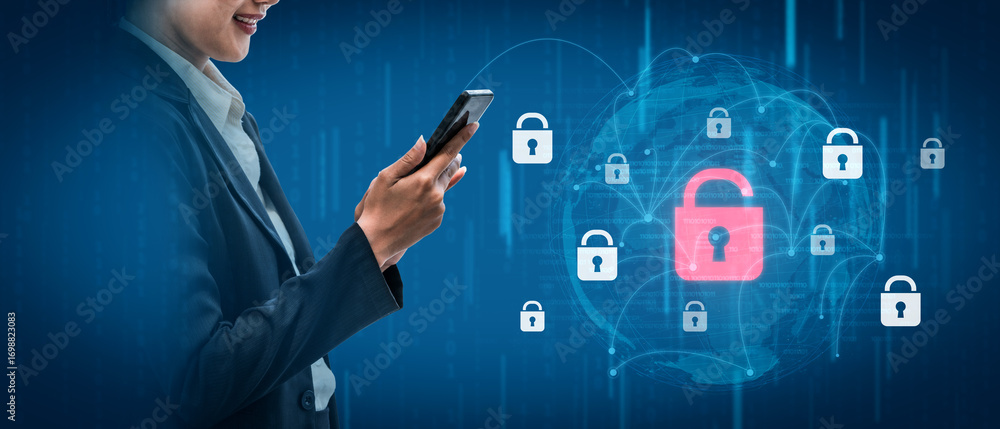 Poster digital security concept illustrating a cybersecurity breach, with a red unlocked padlock indicating