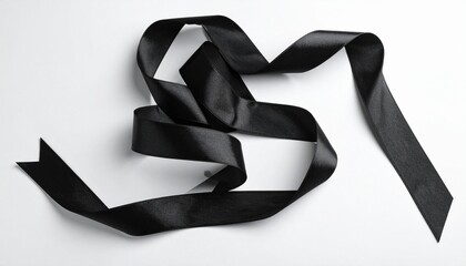 Black satin ribbon flowing elegantly on white—twisted into soft curves with glossy texture and contrast.