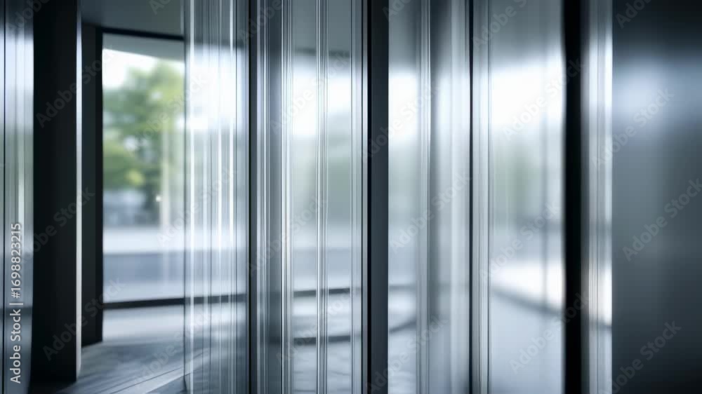 Poster medium shot of a translucent glass partition softly diffusing natural light creating a sleek and mod