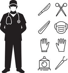 Surgeon Silhouette with Surgical Instruments Medical Procedure Operation Healthcare Clinic