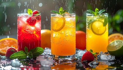 Three vibrant fruit drinks with citrus, mint, and berries—splashing freshness on a wet summer surface.