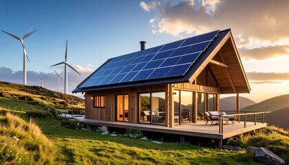 Obraz premium Modern eco-cabin with solar panels and wind turbines, nestled in green hills under golden light.