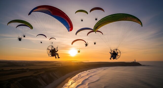 Powered Paragliders Soaring Over the Coastline at Sunset.