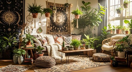 Obraz premium Inspiring Bohemian Living Space A Lush Indoor Oasis with Abundant Greenery and Eclectic Decor for a Cozy Home