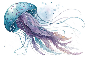Watercolor painting of a blue jellyfish isolated on transparent background, its vibrant colors and intricate details creating a captivating marine scene