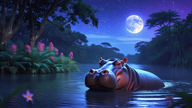 A hippopotamus rests in a moonlit jungle river at night, surrounded by lush tropical trees and a star-filled glowing sky, creating a serene wildlife scene