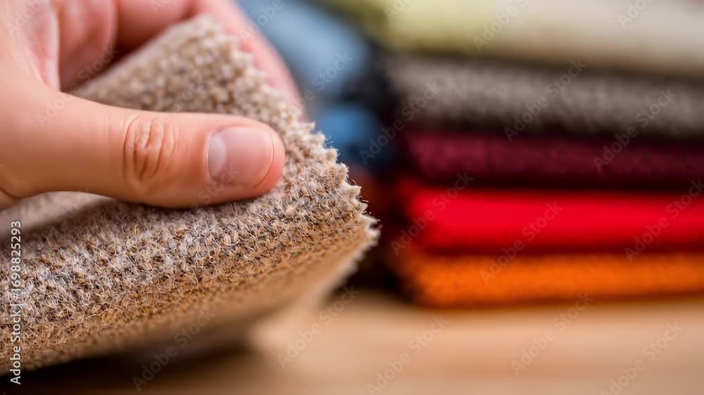 Poster closeup of a hand feeling soft velvet fabric with blurred background showing various fabric samples 