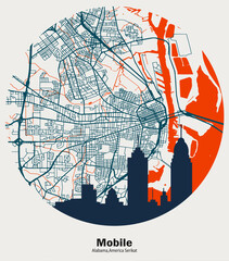 Abstract Vector Map of Mobile, Alabama, United States for Home Wall Poster