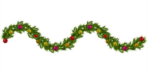 Vector realistic Christmas garland with gold and red baubles. Glowing Christmas lights. Christmas tree decoration, ribbon and red bow. Winter fir branches. Holiday garlands of pine trees.