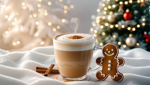 latte topped and accompanied by a gingerbread man, set against a festive white background with cozy lighting, capturing a warm, holiday-themed creative concept