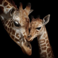 Mother and baby giraffe portrait on black background