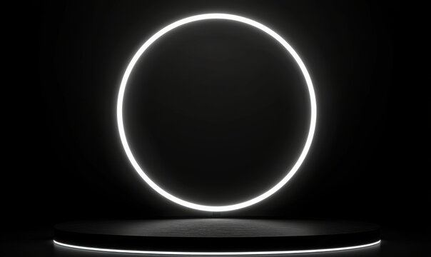 Black podium with a glowing white neon ring in darkness