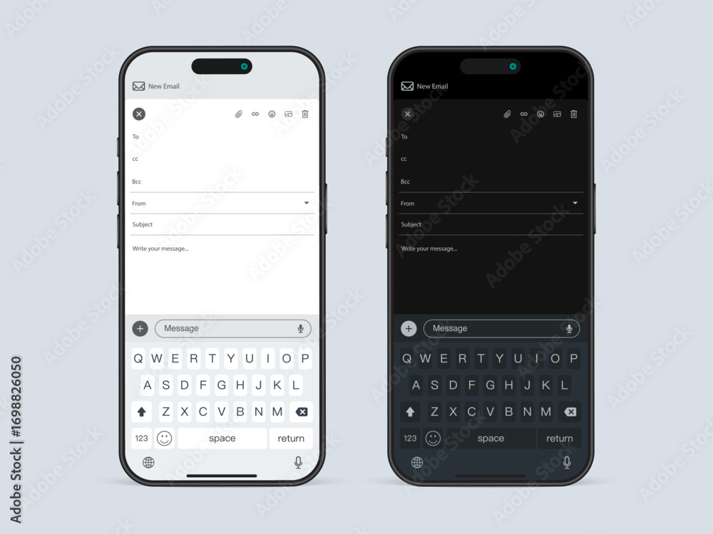 Aufkleber smartphone email mockup ui – new message screen in light and dark mode vector illustration, mail cli