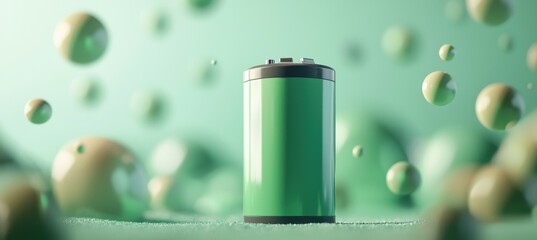 Floating green battery surrounded by spheres in 3D cartoon style