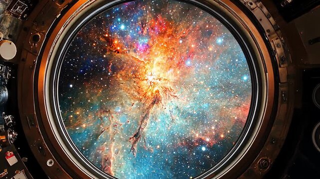 Glowing colorful galaxy seen from futuristic spaceship window in deep outer space
