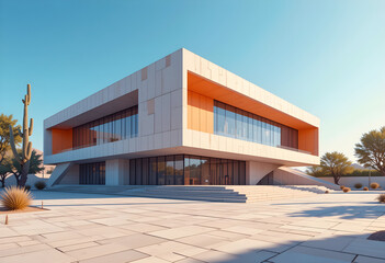 Modern Two-Story Building with Cantilevered Upper Floor  
Contemporary Architecture Featuring Glass Windows and Orange Panels  
Paved Courtyard with Desert Plants and Geometric Landscaping  
