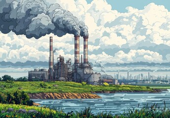 Industrial factory with smokestacks emitting pollution in landscape illustration