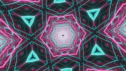 Abstract neon acid mandala kaleidoscope background with glowing hexagonal symmetry, luminous ornamental grids evolving seamlessly in dynamic futuristic motion animation with hypnotic rhythm. - Powered by Adobe