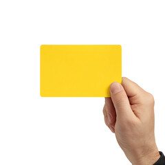 A hand holds a bright yellow rectangular card against a contrasting transparent background highlighting its vibrant color and presentation