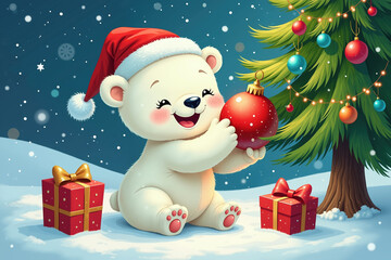 A smiling polar bear in a Santa hat holds a red ornament near a decorated Christmas tree and presents in a snowy scene.