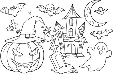 Halloween cartoon characters set with pumpkins bats cats and spooky elements in vector illustration style