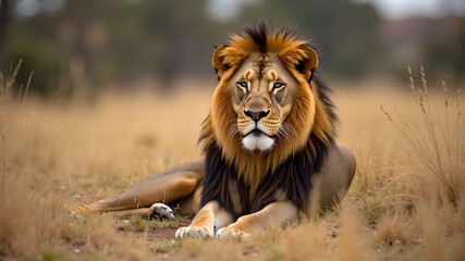 Obraz premium A wildlife photograph of a regal lion resting in the savannah, with detailed fur textures and a sharp contrast relief setting a dramatic tone.