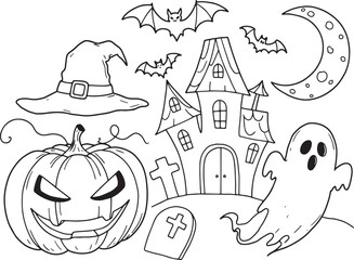Halloween vector illustration background with pumpkin and witch in cartoon style drawing and coloring design