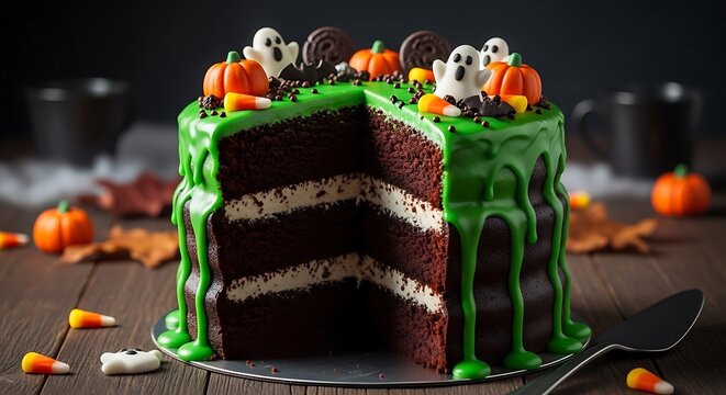 Spooky Halloween Chocolate Cake with Green Drip Frosting and Ghost Decorations.