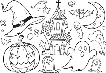 Halloween vector illustration with cartoon doodle sketch icons and artistic design elements
