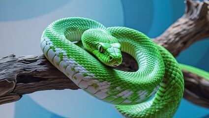 right green snake with white markings coiled around a branch, detailed texture and scales on soft abstract blue background, close-up view
