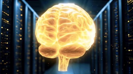 Illuminated brain symbolizing artificial intelligence amidst a high-tech server room background - Powered by Adobe