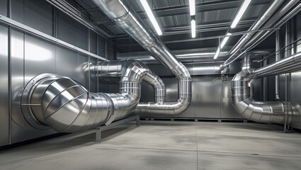 Obraz premium Stainless steel ducts form a modern HVAC system, with sleek curves, rivets, and silver surfaces set against concrete, accented by safety colors, shadows, and an industrial design aesthetic