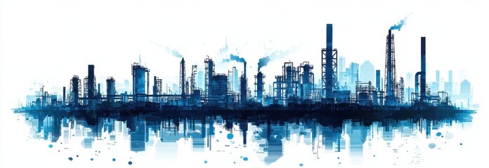 Obraz premium Industrial cityscape with factories and smokestacks in blue tones