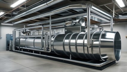 Stainless steel ducts form a modern HVAC system, with sleek curves, rivets, and silver surfaces set against concrete, accented by safety colors, shadows, and an industrial design aesthetic