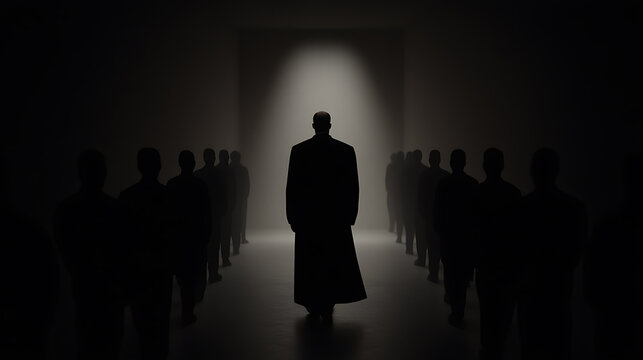 Monochromatic silhouette of a person walking through a crowd. Shot with intense light and dark contrasts for a cinematic and stark atmosphere.