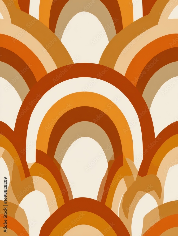 Poster colorful abstract design featuring layered arched shapes in warm tones of orange and beige, creating