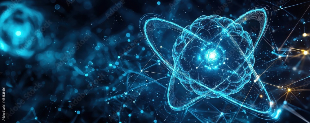 Poster futuristic blue background with glowing atomic structure design