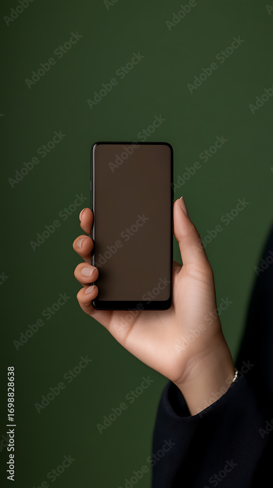 Poster hand holding smartphone. modern technology in use. dark screen ready for interaction. sleek, user-fr