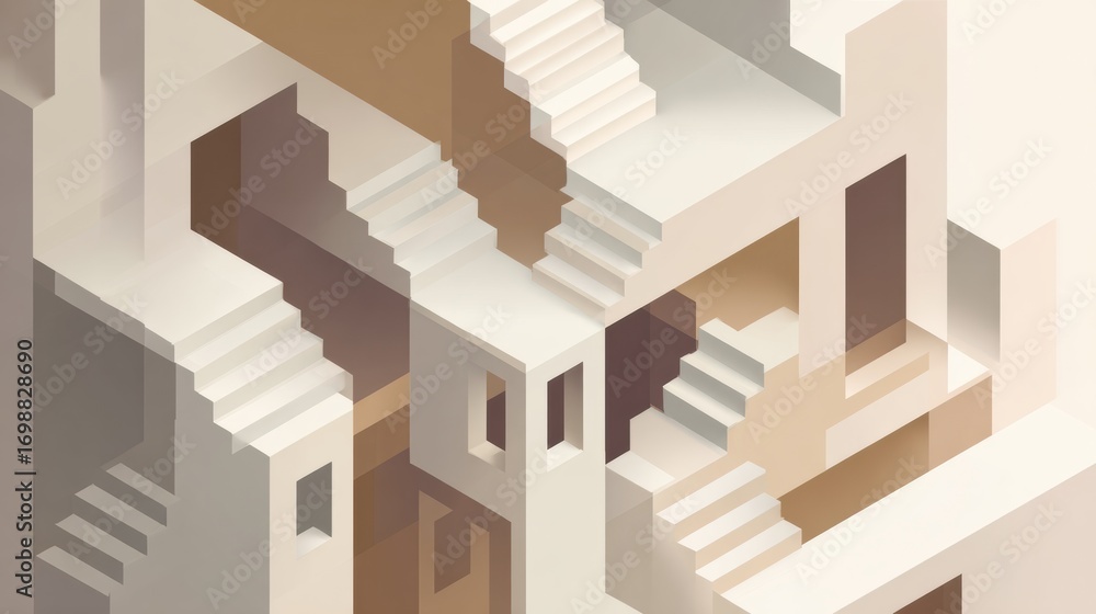 Poster intricate geometric staircase design in neutral tones showcasing artistic architecture and unique sp