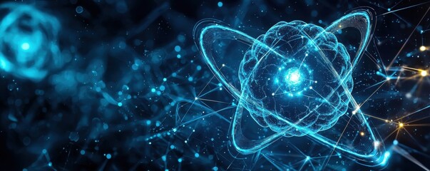 Futuristic blue background with glowing atomic structure design