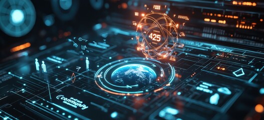 Futuristic high-tech interface with digital earth and data visualization