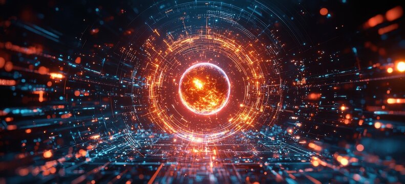 Futuristic holographic portal with glowing digital elements